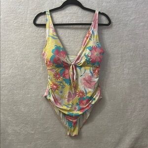 Colorful Floral Deep V Neck Swimsuit with Tie Front